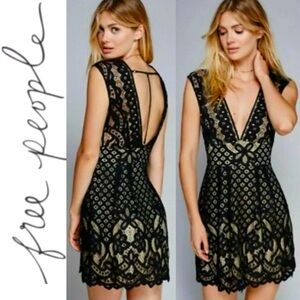 Free People One Million Lovers Black Lace A-Line Dress, Size 0, Tan Lining